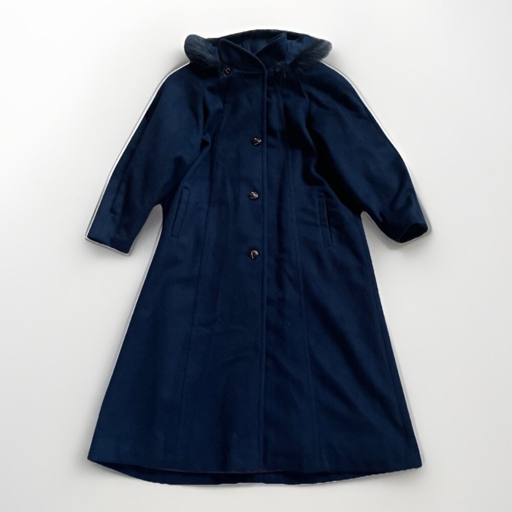 VTG Trilogi Women's Long Pea Coat Wool Navy Blue Fur Trim Canada Made Sz 9-10